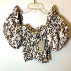 The Femm Smocked Puff Sleeve Off Shoulder Crop Top Boho Cottagecore S NWT